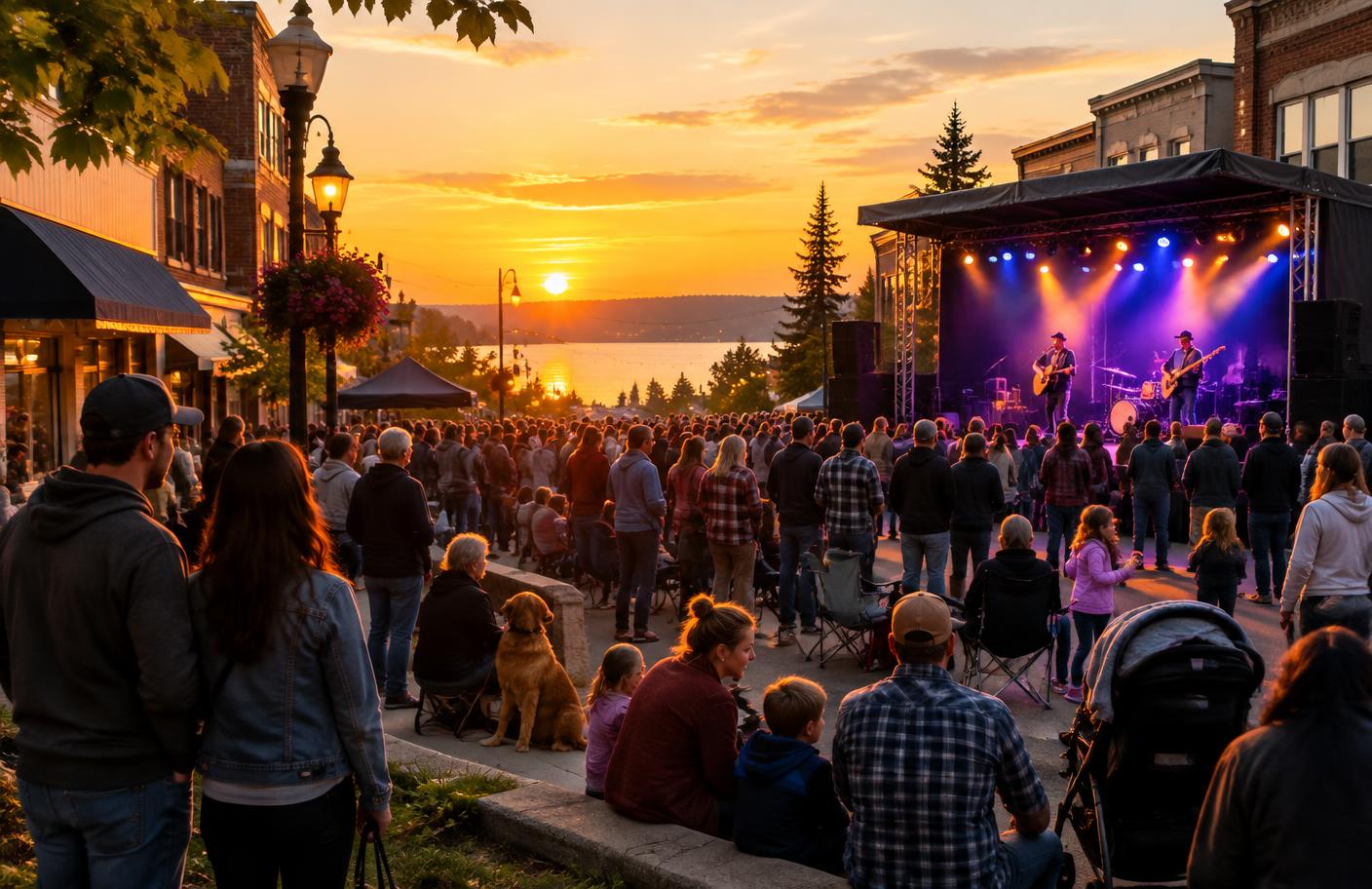Outdoor live music gathering in Downtown Timmins at sunset