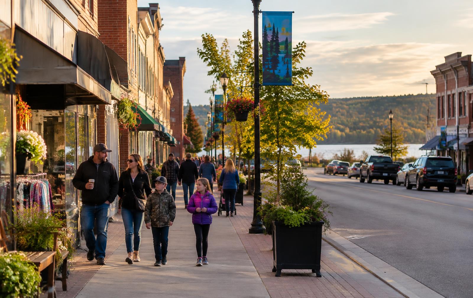 Families walking past downtown storefronts in Timmins at golden hour