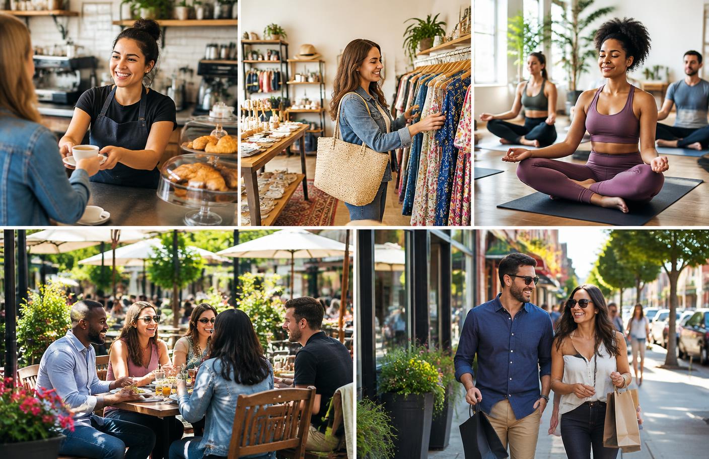 Collage of shopping, dining, wellness, and local services downtown